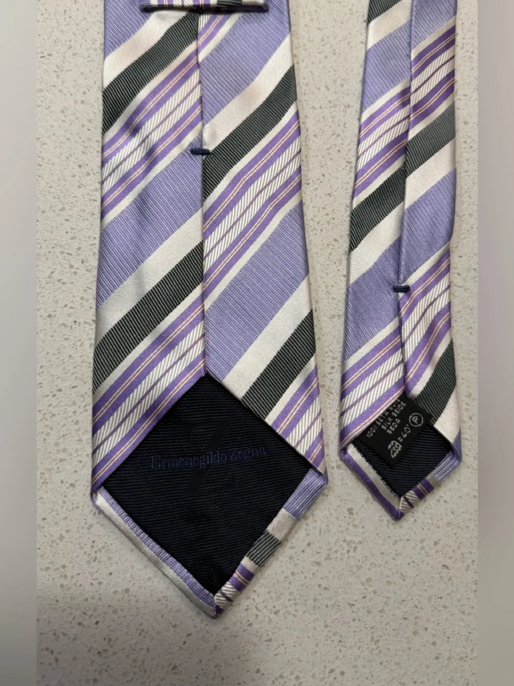 Zegna Lavender, White & Charcoal Striped Silk Tie